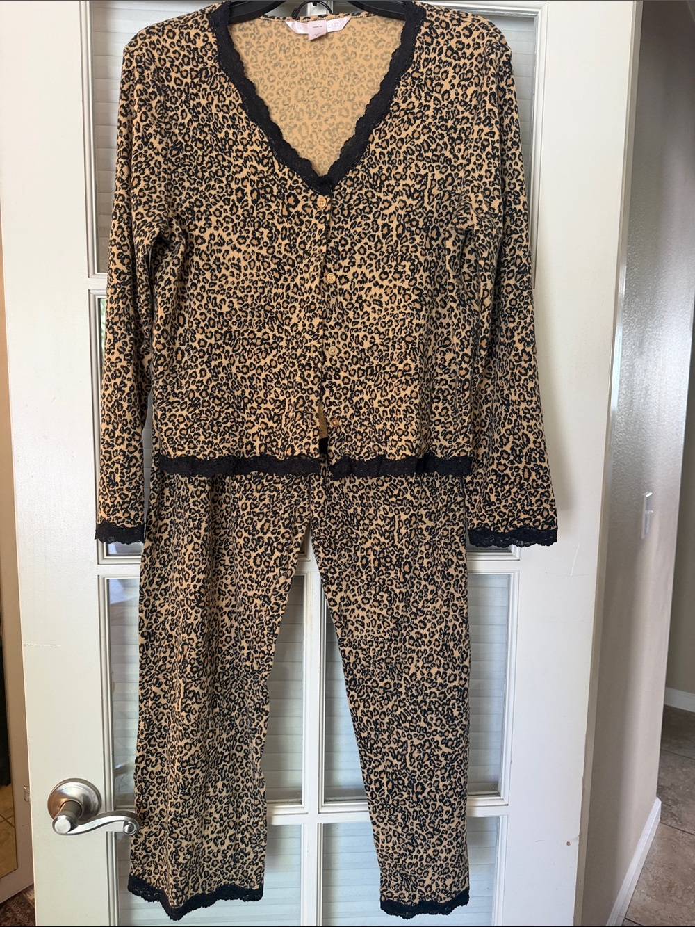 Victoria's Secret Tan and Black Leopard Lace-Trim Pajama Set